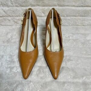 Ann Taylor Womens Tan Leather Pointed Toe Heels Gold Buckle Size 5M